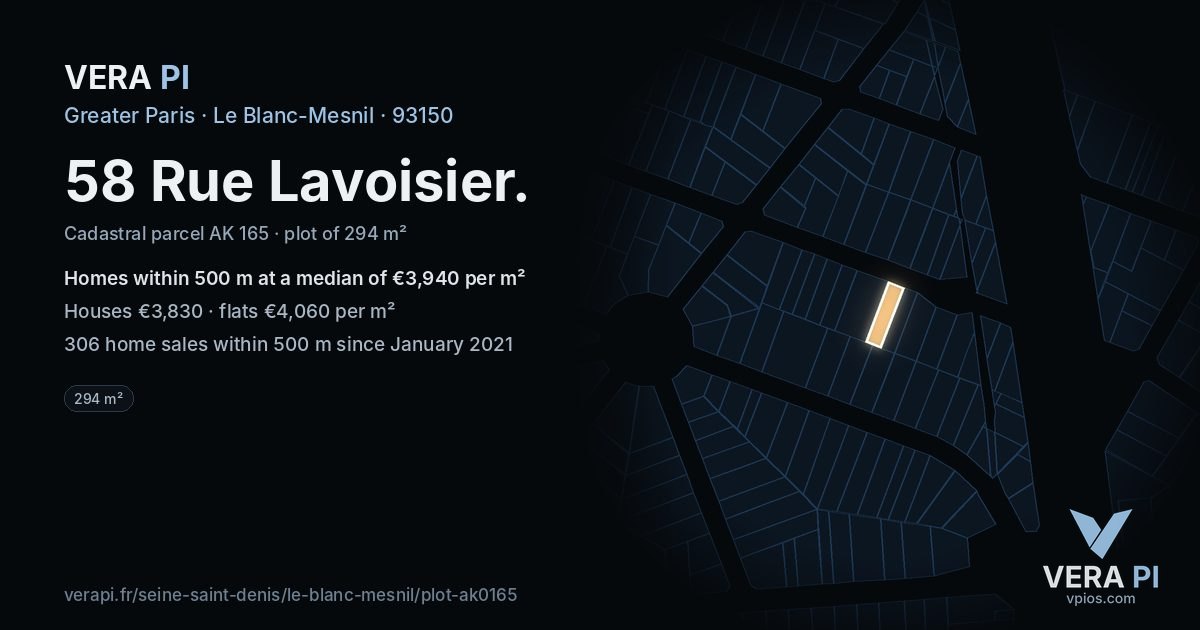 58 Rue Lavoisier, Le Blanc-Mesnil at night – the plot lit, the parcels around coloured by the prices near them