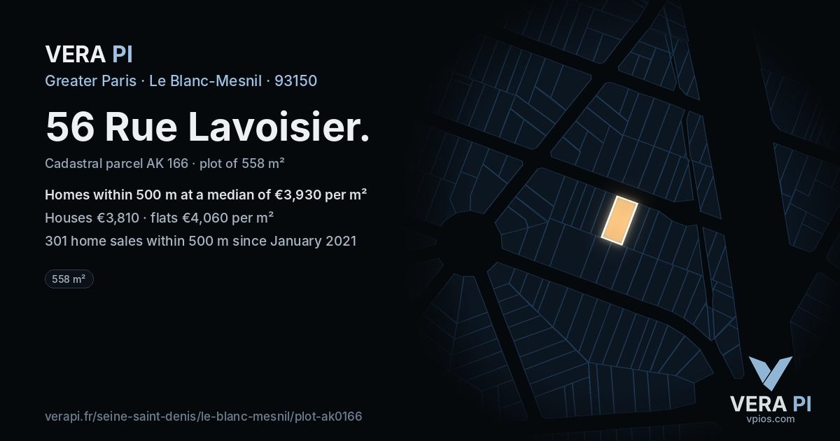 56 Rue Lavoisier, Le Blanc-Mesnil at night – the plot lit, the parcels around coloured by the prices near them