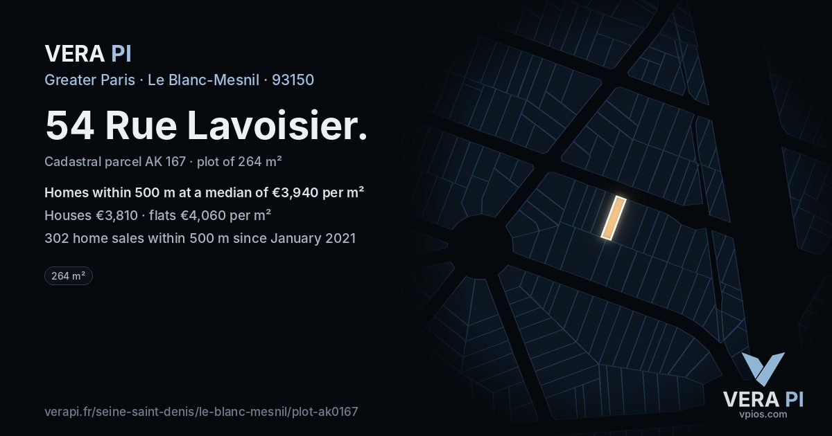 54 Rue Lavoisier, Le Blanc-Mesnil at night – the plot lit, the parcels around coloured by the prices near them