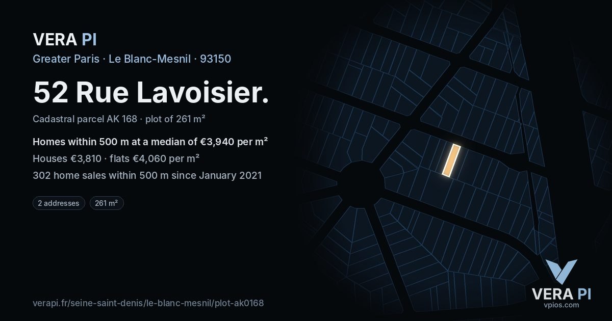 52 Rue Lavoisier, Le Blanc-Mesnil at night – the plot lit, the parcels around coloured by the prices near them