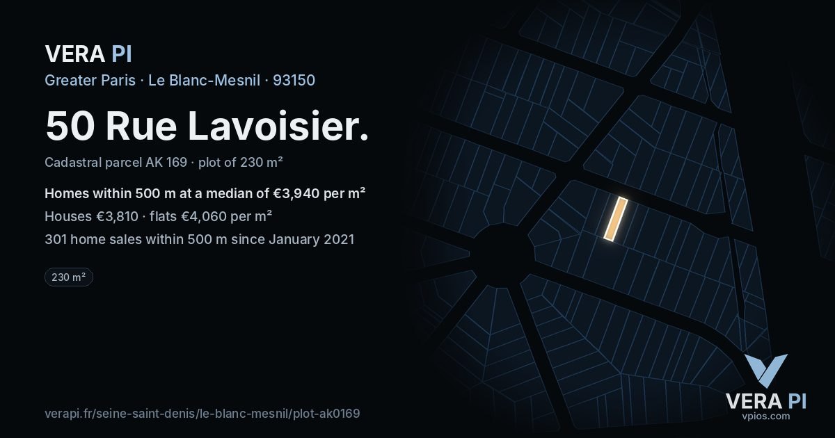 50 Rue Lavoisier, Le Blanc-Mesnil at night – the plot lit, the parcels around coloured by the prices near them