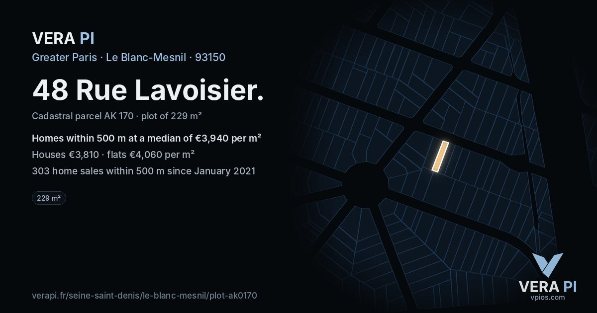 48 Rue Lavoisier, Le Blanc-Mesnil at night – the plot lit, the parcels around coloured by the prices near them