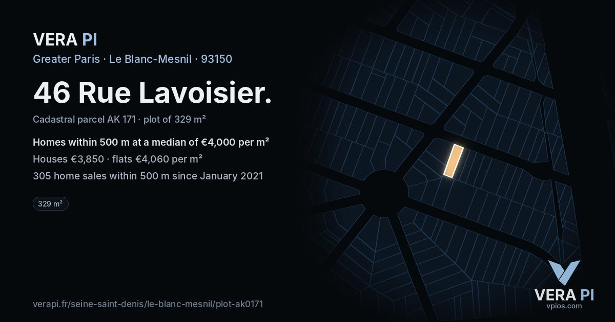 46 Rue Lavoisier, Le Blanc-Mesnil at night – the plot lit, the parcels around coloured by the prices near them