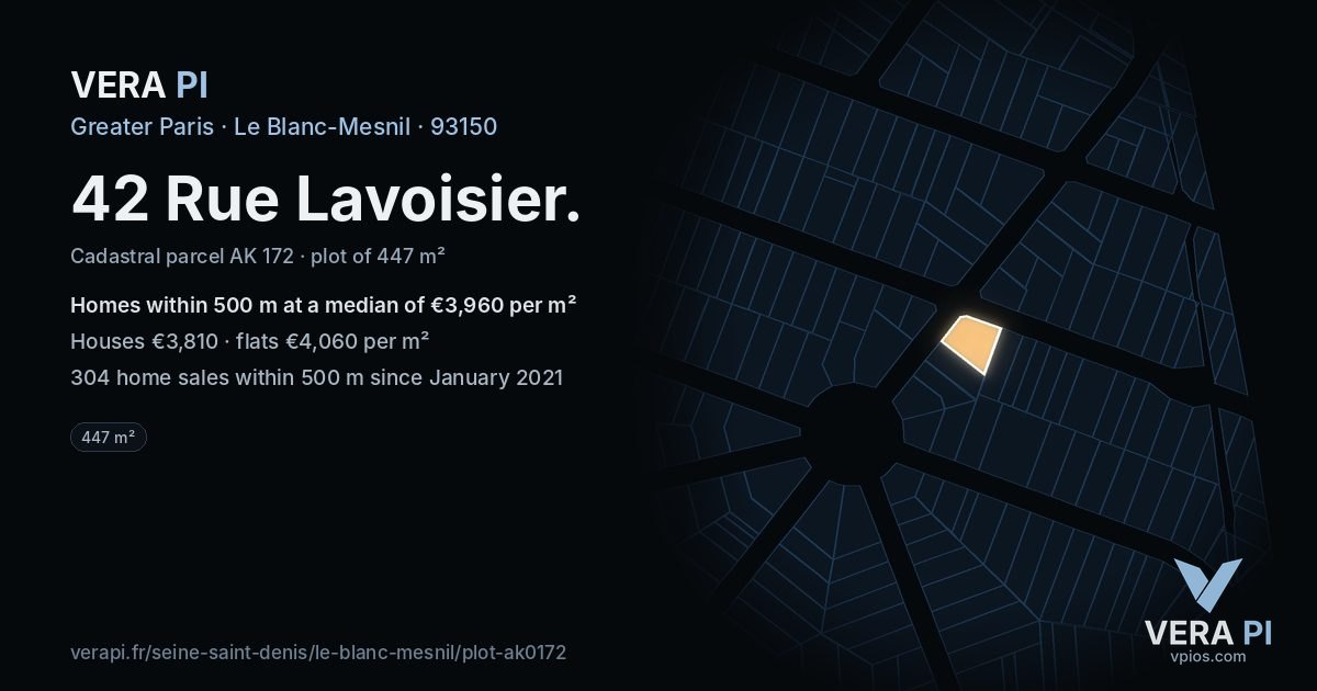 42 Rue Lavoisier, Le Blanc-Mesnil at night – the plot lit, the parcels around coloured by the prices near them