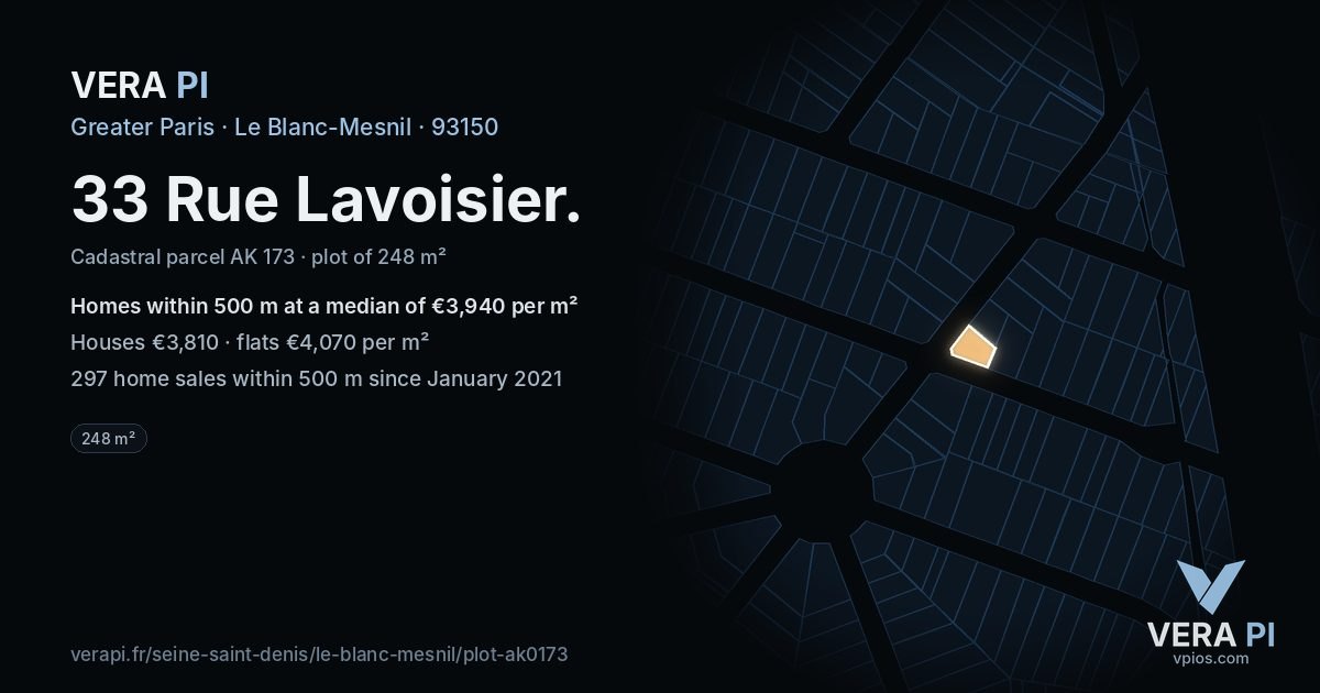 33 Rue Lavoisier, Le Blanc-Mesnil at night – the plot lit, the parcels around coloured by the prices near them