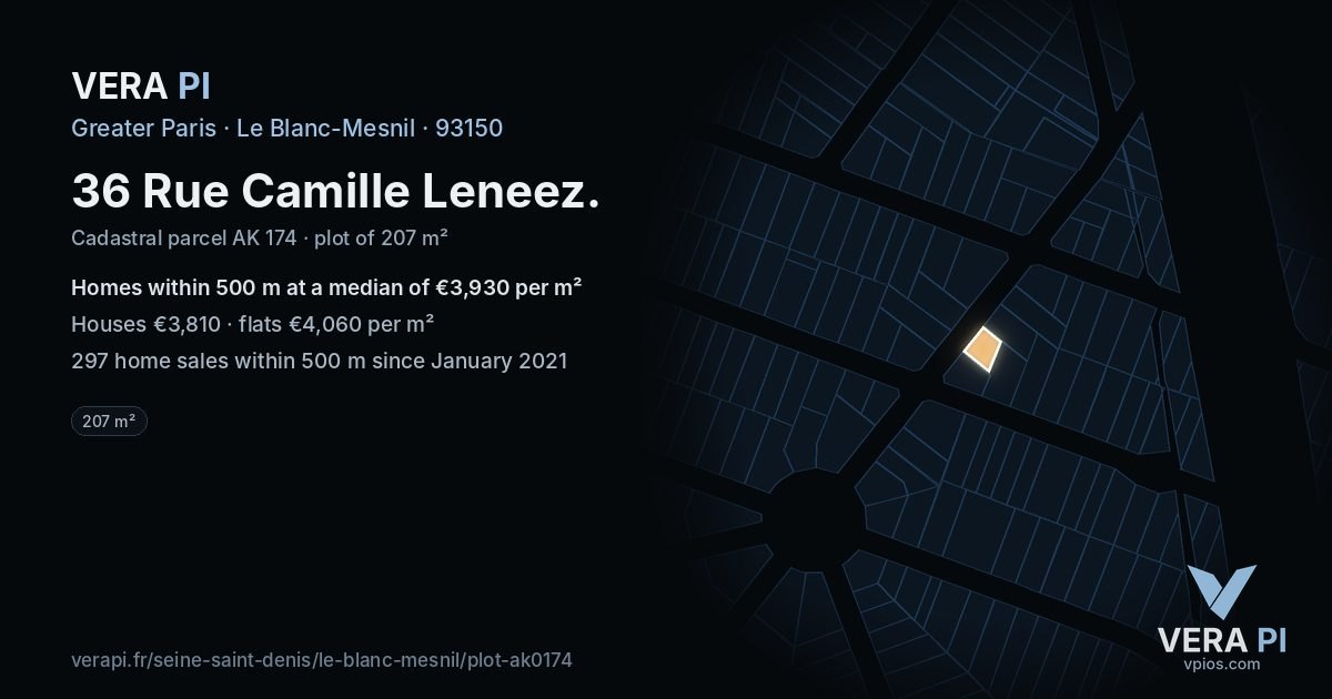36 Rue Camille Leneez, Le Blanc-Mesnil at night – the plot lit, the parcels around coloured by the prices near them