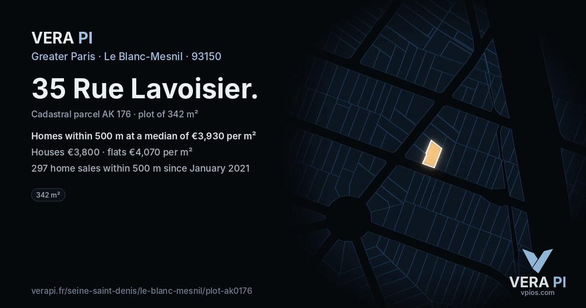 35 Rue Lavoisier, Le Blanc-Mesnil at night – the plot lit, the parcels around coloured by the prices near them