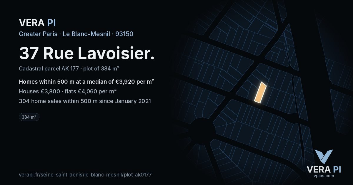 37 Rue Lavoisier, Le Blanc-Mesnil at night – the plot lit, the parcels around coloured by the prices near them
