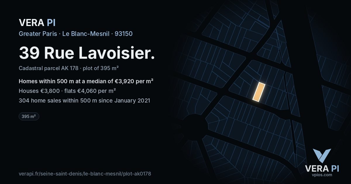 39 Rue Lavoisier, Le Blanc-Mesnil at night – the plot lit, the parcels around coloured by the prices near them