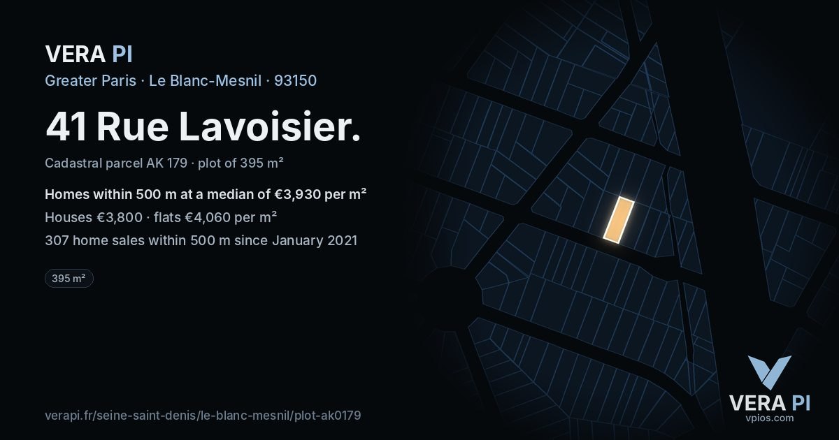 41 Rue Lavoisier, Le Blanc-Mesnil at night – the plot lit, the parcels around coloured by the prices near them