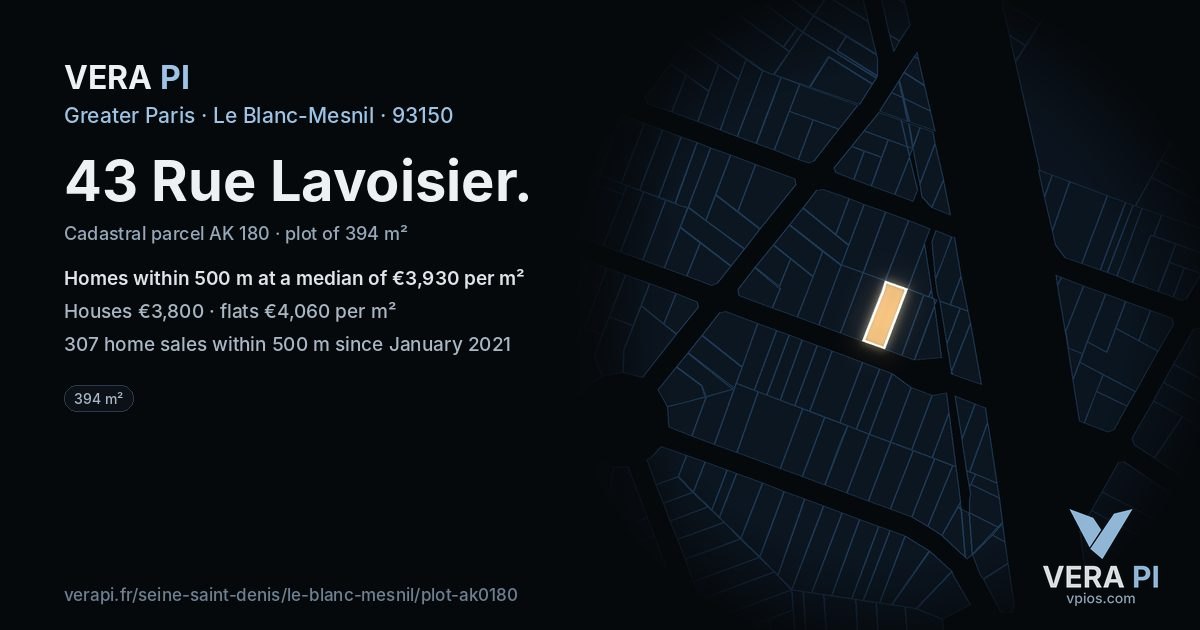 43 Rue Lavoisier, Le Blanc-Mesnil at night – the plot lit, the parcels around coloured by the prices near them