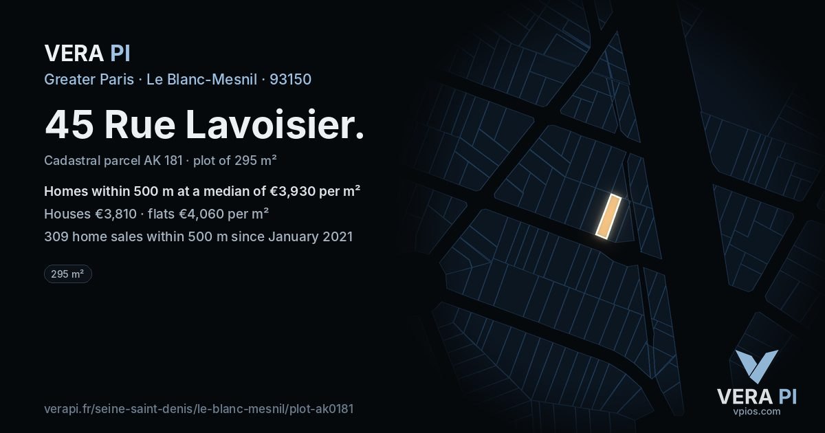 45 Rue Lavoisier, Le Blanc-Mesnil at night – the plot lit, the parcels around coloured by the prices near them