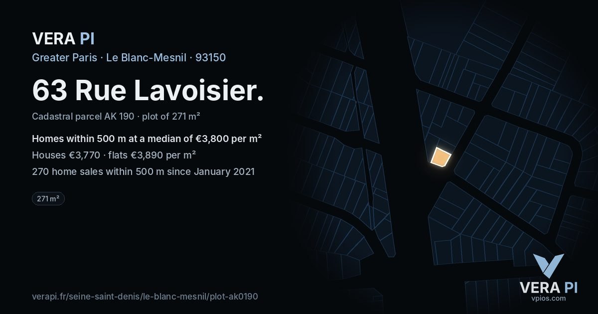 63 Rue Lavoisier, Le Blanc-Mesnil at night – the plot lit, the parcels around coloured by the prices near them