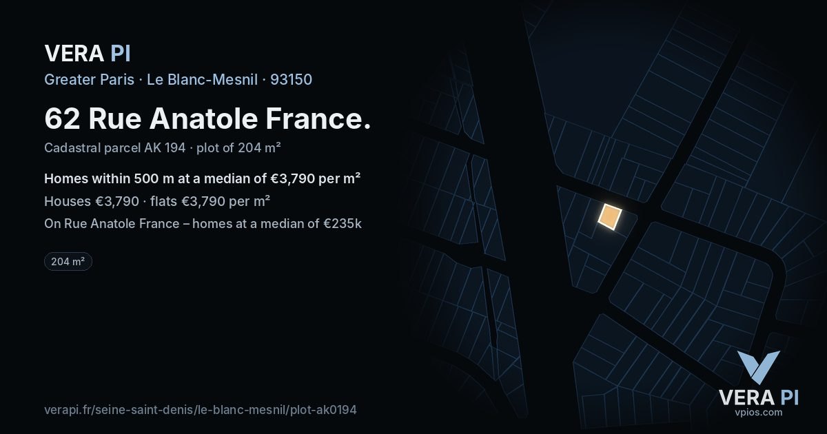62 Rue Anatole France, Le Blanc-Mesnil at night – the plot lit, the parcels around coloured by the prices near them