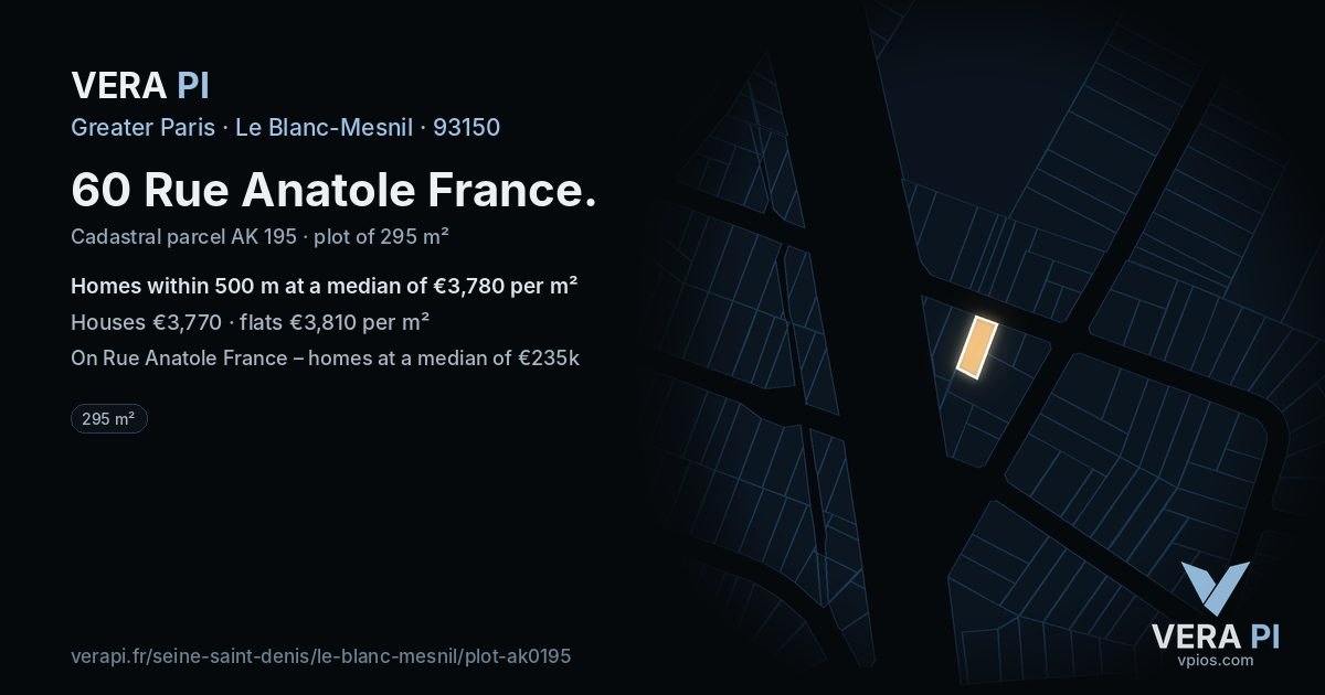 60 Rue Anatole France, Le Blanc-Mesnil at night – the plot lit, the parcels around coloured by the prices near them