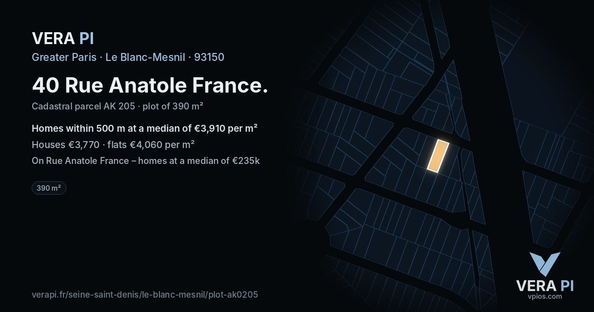 40 Rue Anatole France, Le Blanc-Mesnil at night – the plot lit, the parcels around coloured by the prices near them