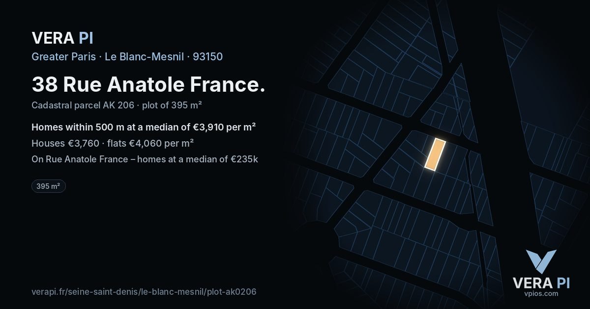 38 Rue Anatole France, Le Blanc-Mesnil at night – the plot lit, the parcels around coloured by the prices near them