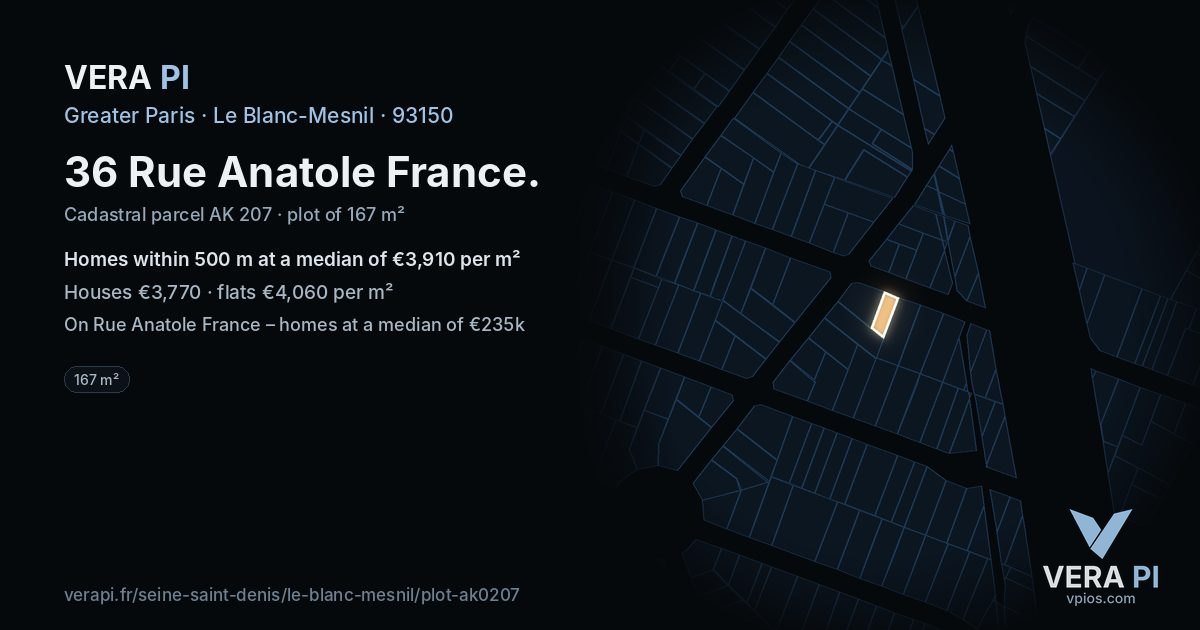36 Rue Anatole France, Le Blanc-Mesnil at night – the plot lit, the parcels around coloured by the prices near them