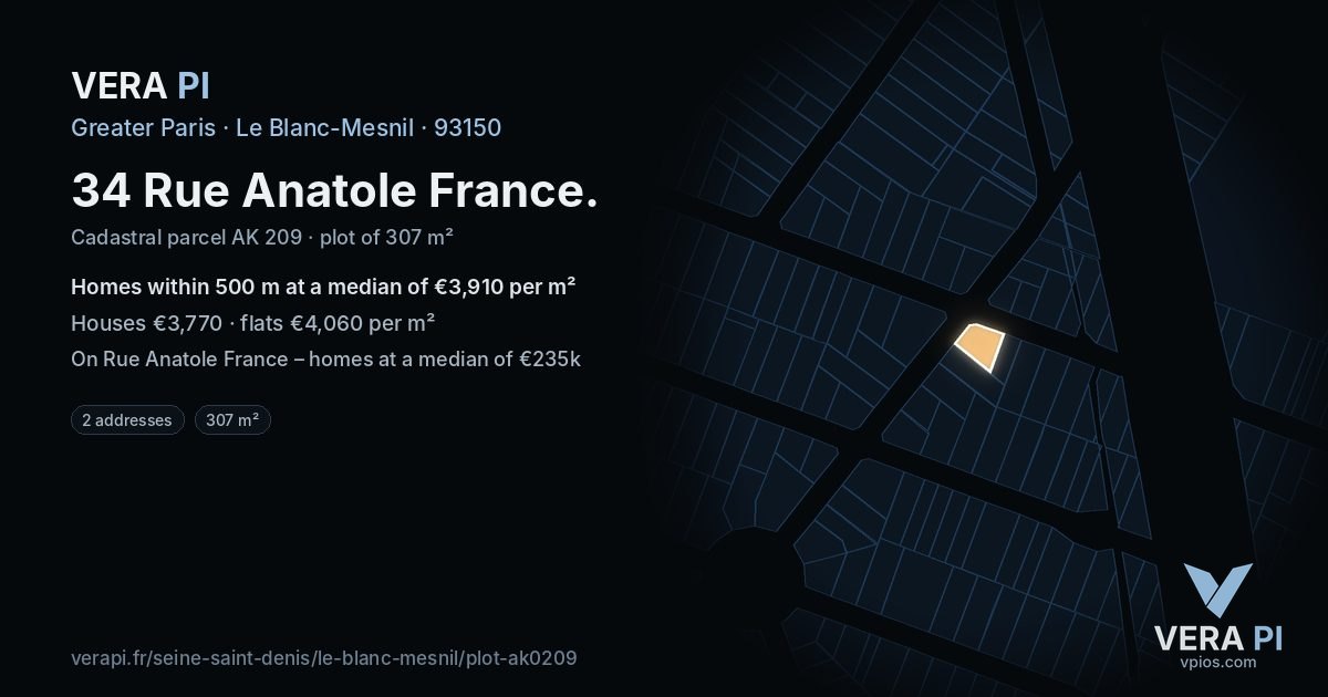 34 Rue Anatole France, Le Blanc-Mesnil at night – the plot lit, the parcels around coloured by the prices near them