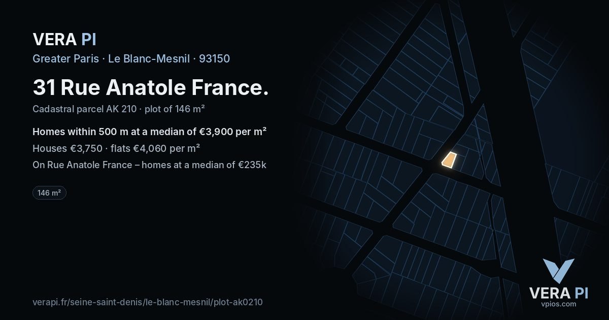 31 Rue Anatole France, Le Blanc-Mesnil at night – the plot lit, the parcels around coloured by the prices near them