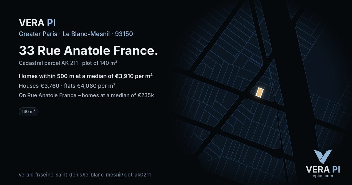 33 Rue Anatole France, Le Blanc-Mesnil at night – the plot lit, the parcels around coloured by the prices near them