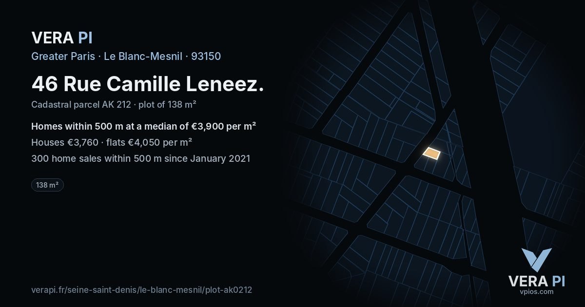 46 Rue Camille Leneez, Le Blanc-Mesnil at night – the plot lit, the parcels around coloured by the prices near them
