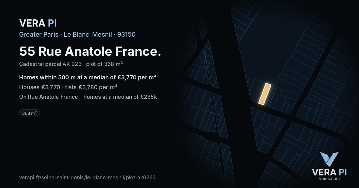 55 Rue Anatole France, Le Blanc-Mesnil at night – the plot lit, the parcels around coloured by the prices near them