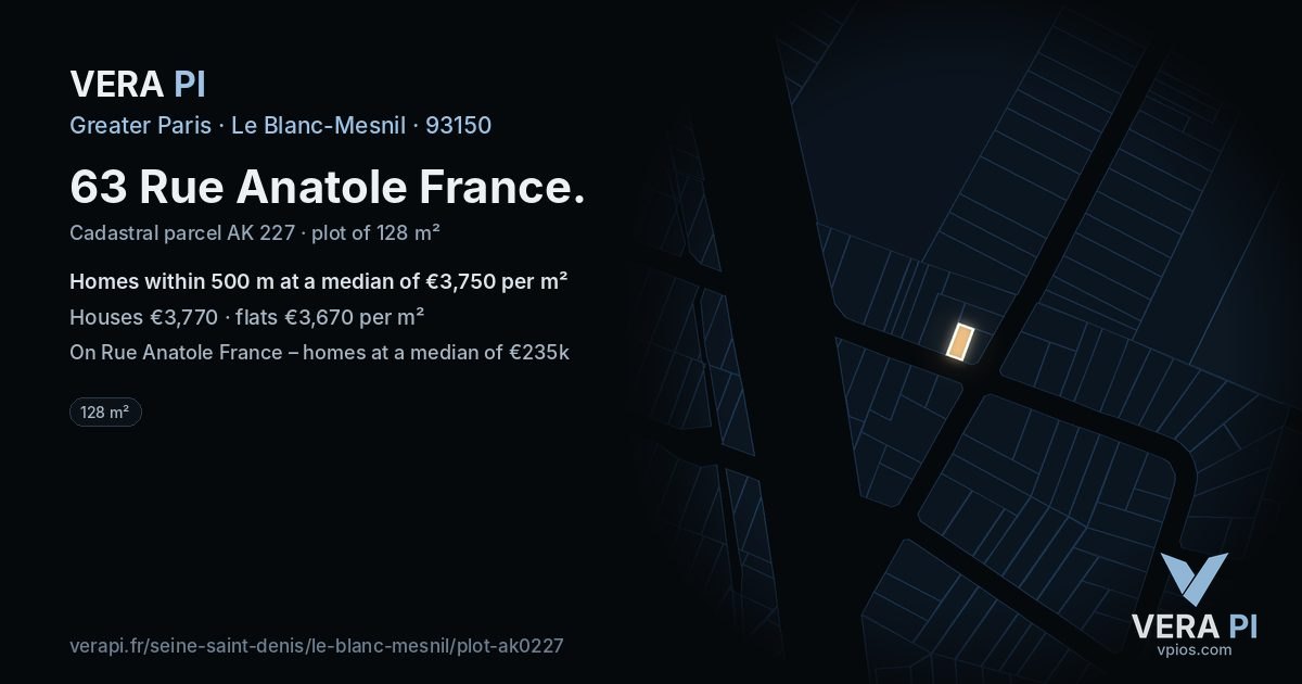 63 Rue Anatole France, Le Blanc-Mesnil at night – the plot lit, the parcels around coloured by the prices near them