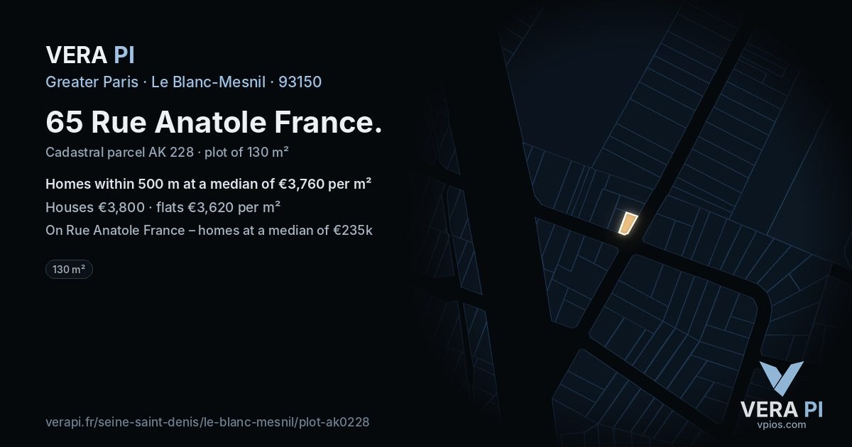 65 Rue Anatole France, Le Blanc-Mesnil at night – the plot lit, the parcels around coloured by the prices near them