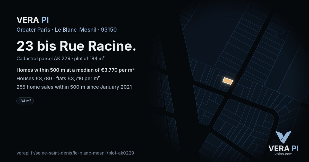 23 bis Rue Racine, Le Blanc-Mesnil at night – the plot lit, the parcels around coloured by the prices near them