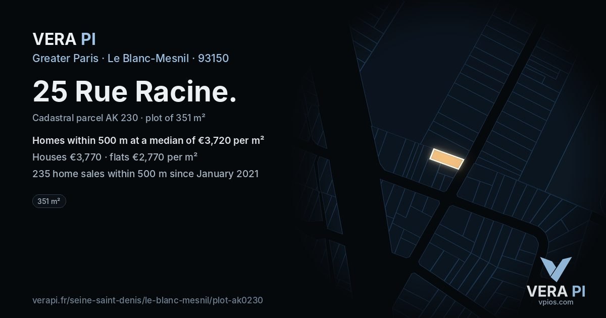 25 Rue Racine, Le Blanc-Mesnil at night – the plot lit, the parcels around coloured by the prices near them