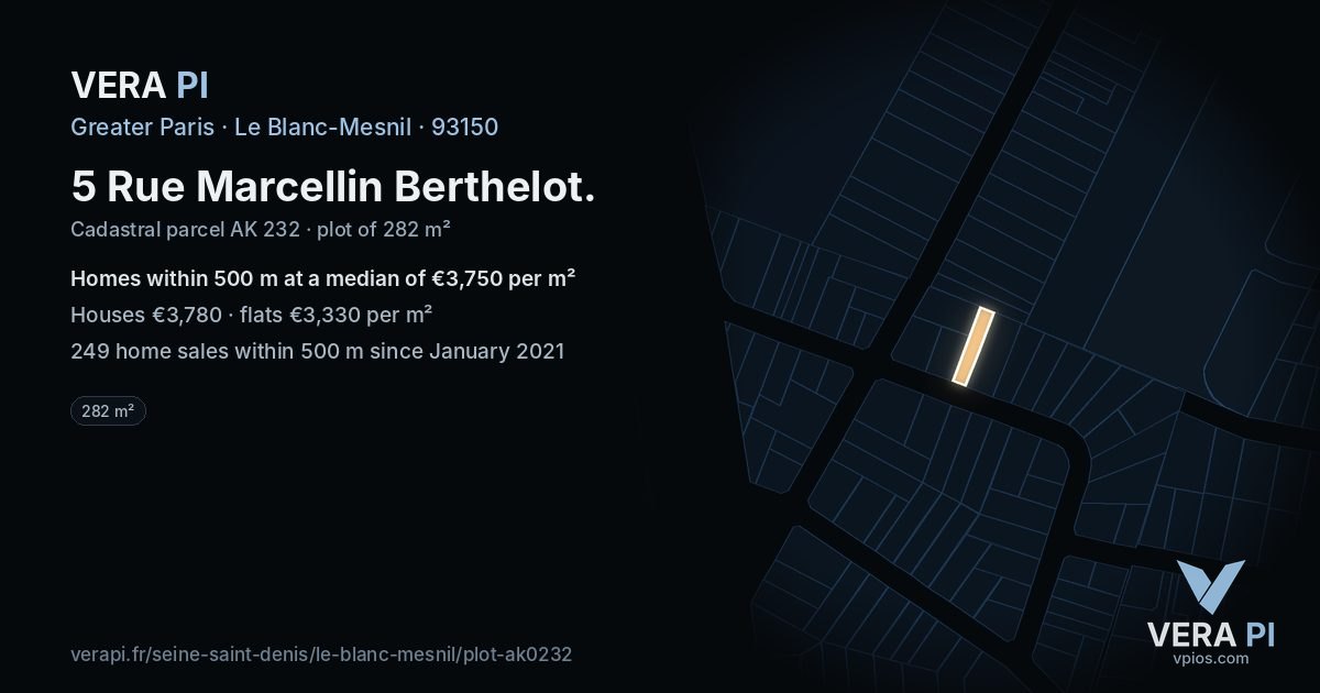 5 Rue Marcellin Berthelot, Le Blanc-Mesnil at night – the plot lit, the parcels around coloured by the prices near them
