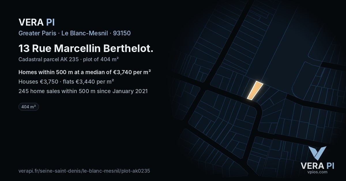 13 Rue Marcellin Berthelot, Le Blanc-Mesnil at night – the plot lit, the parcels around coloured by the prices near them