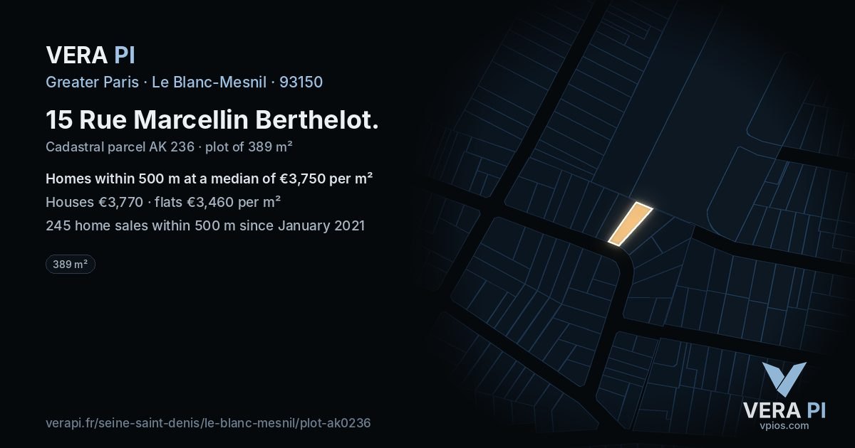 15 Rue Marcellin Berthelot, Le Blanc-Mesnil at night – the plot lit, the parcels around coloured by the prices near them