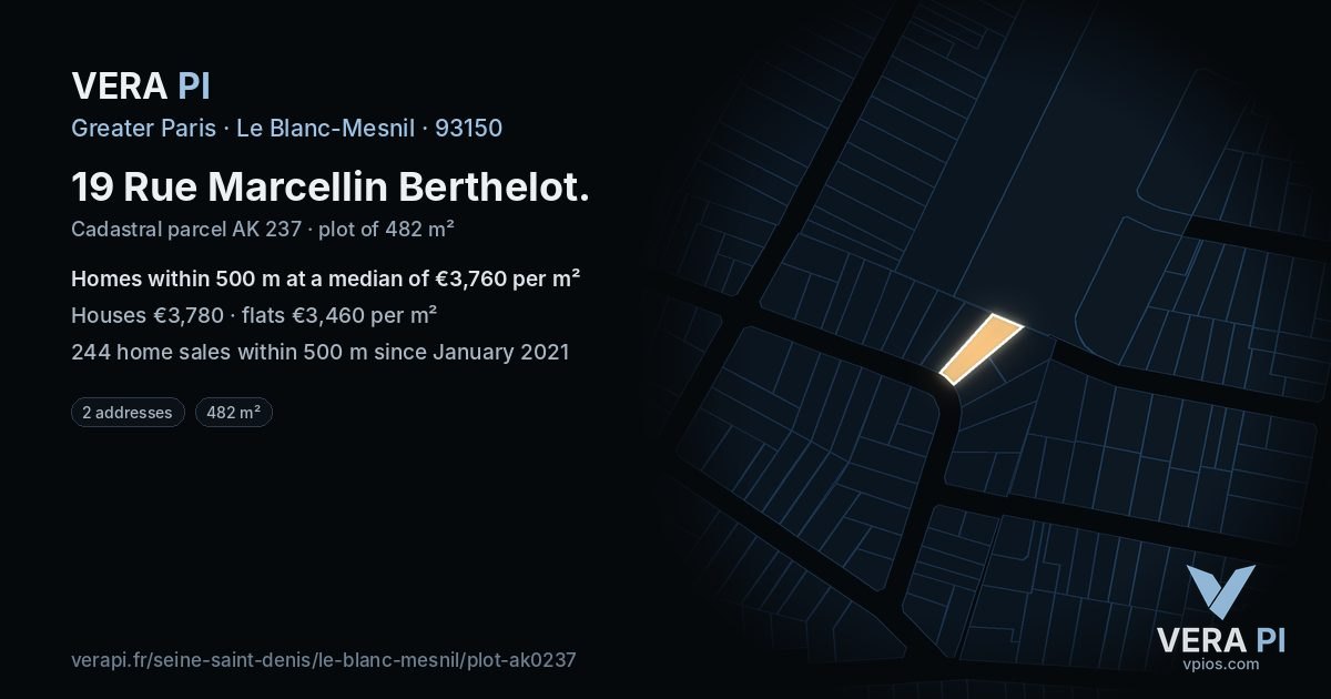 19 Rue Marcellin Berthelot, Le Blanc-Mesnil at night – the plot lit, the parcels around coloured by the prices near them