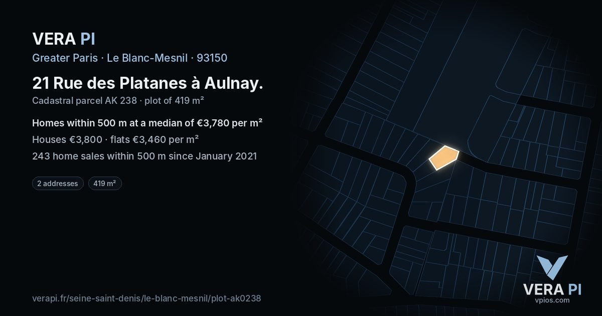 21 Rue des Platanes à Aulnay, Le Blanc-Mesnil at night – the plot lit, the parcels around coloured by the prices near them