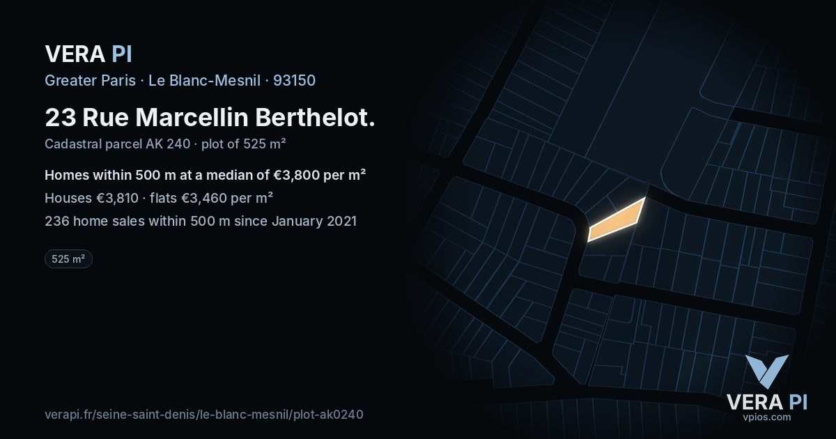 23 Rue Marcellin Berthelot, Le Blanc-Mesnil at night – the plot lit, the parcels around coloured by the prices near them