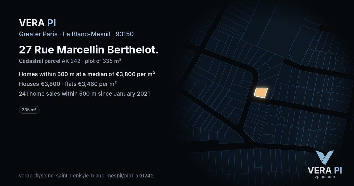 27 Rue Marcellin Berthelot, Le Blanc-Mesnil at night – the plot lit, the parcels around coloured by the prices near them