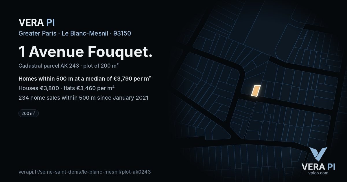 1 Avenue Fouquet, Le Blanc-Mesnil at night – the plot lit, the parcels around coloured by the prices near them