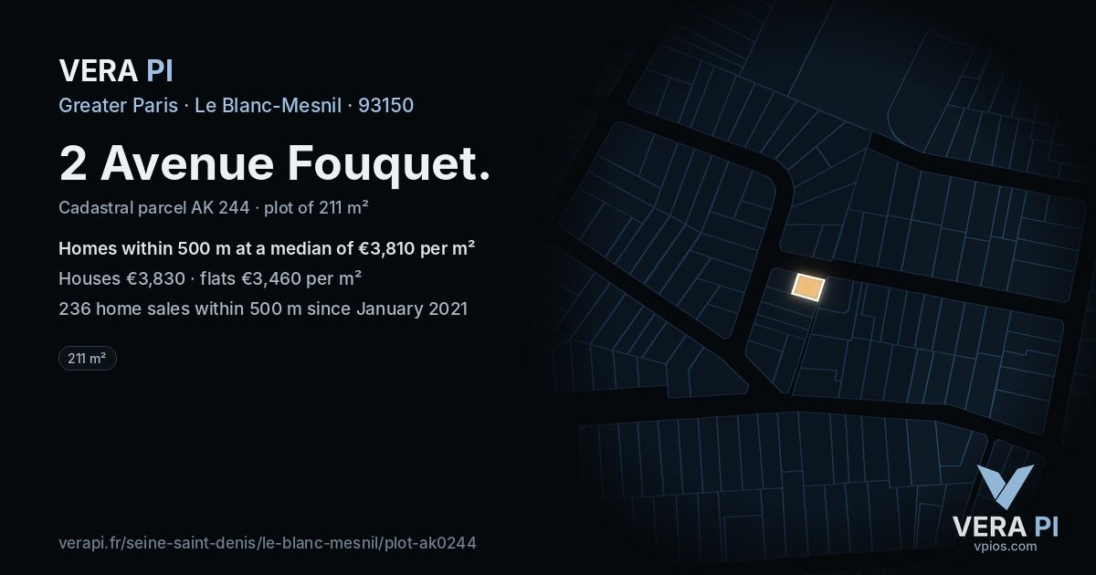2 Avenue Fouquet, Le Blanc-Mesnil at night – the plot lit, the parcels around coloured by the prices near them