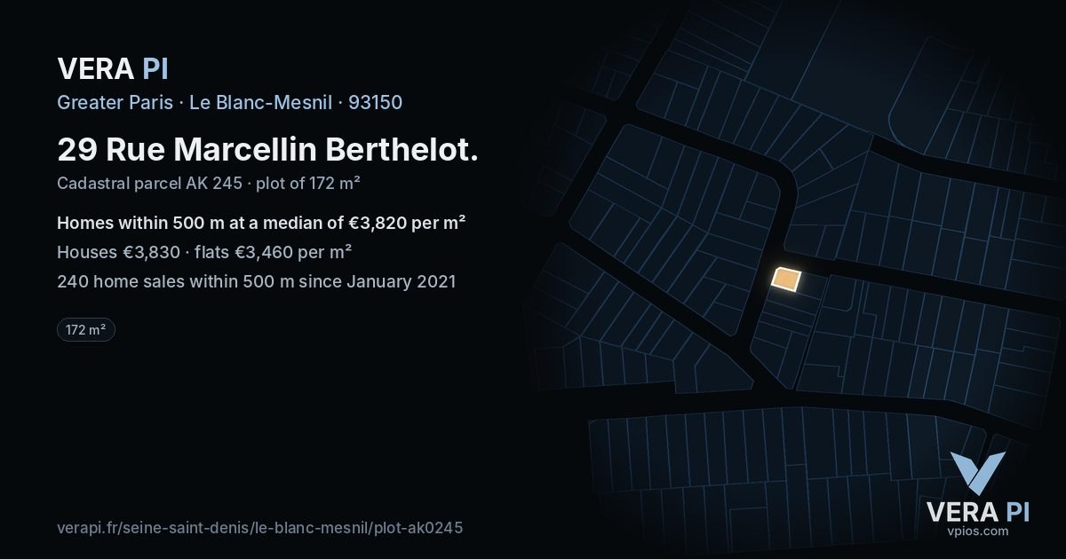 29 Rue Marcellin Berthelot, Le Blanc-Mesnil at night – the plot lit, the parcels around coloured by the prices near them