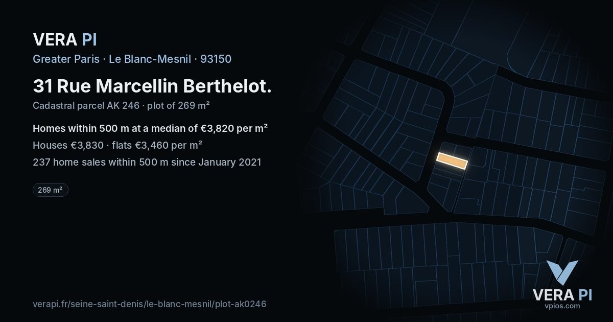 31 Rue Marcellin Berthelot, Le Blanc-Mesnil at night – the plot lit, the parcels around coloured by the prices near them