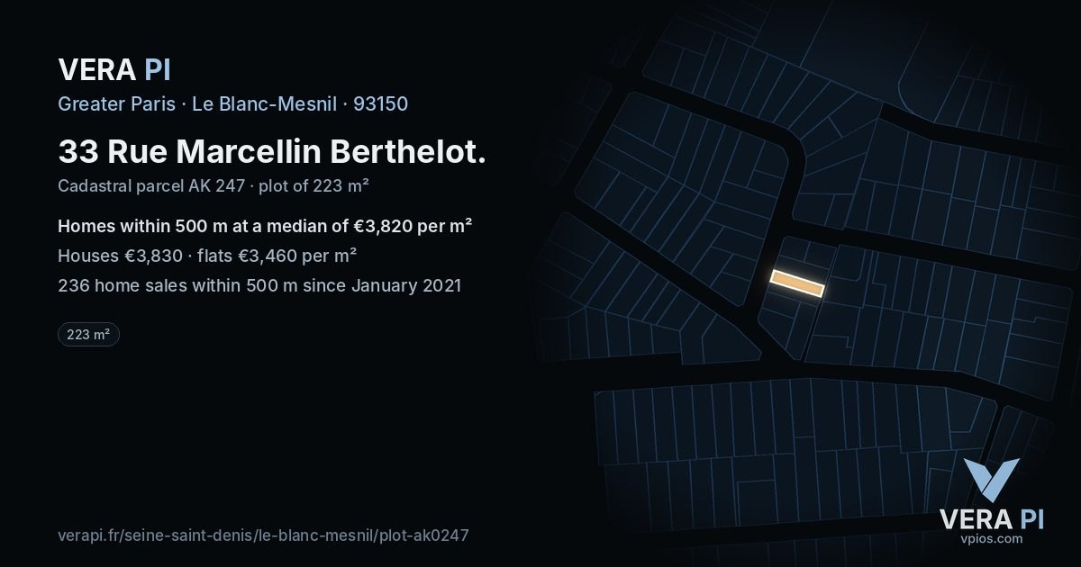33 Rue Marcellin Berthelot, Le Blanc-Mesnil at night – the plot lit, the parcels around coloured by the prices near them