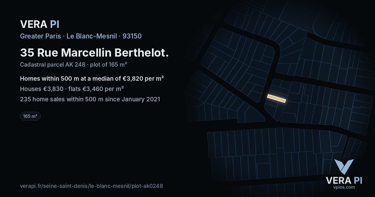 35 Rue Marcellin Berthelot, Le Blanc-Mesnil at night – the plot lit, the parcels around coloured by the prices near them