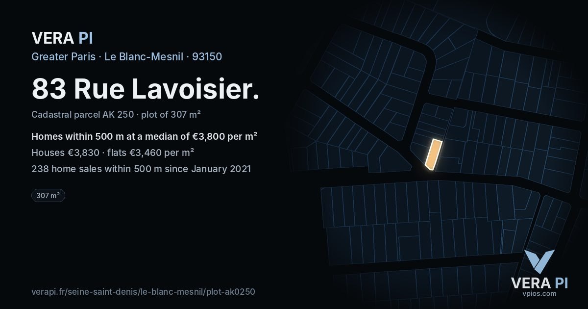 83 Rue Lavoisier, Le Blanc-Mesnil at night – the plot lit, the parcels around coloured by the prices near them