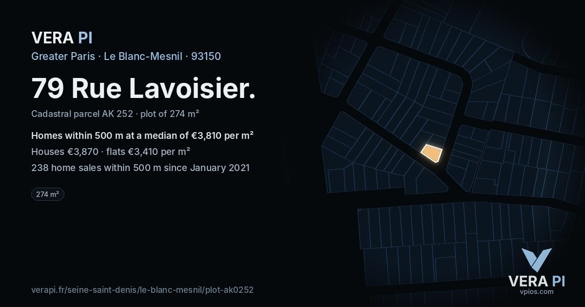 79 Rue Lavoisier, Le Blanc-Mesnil at night – the plot lit, the parcels around coloured by the prices near them
