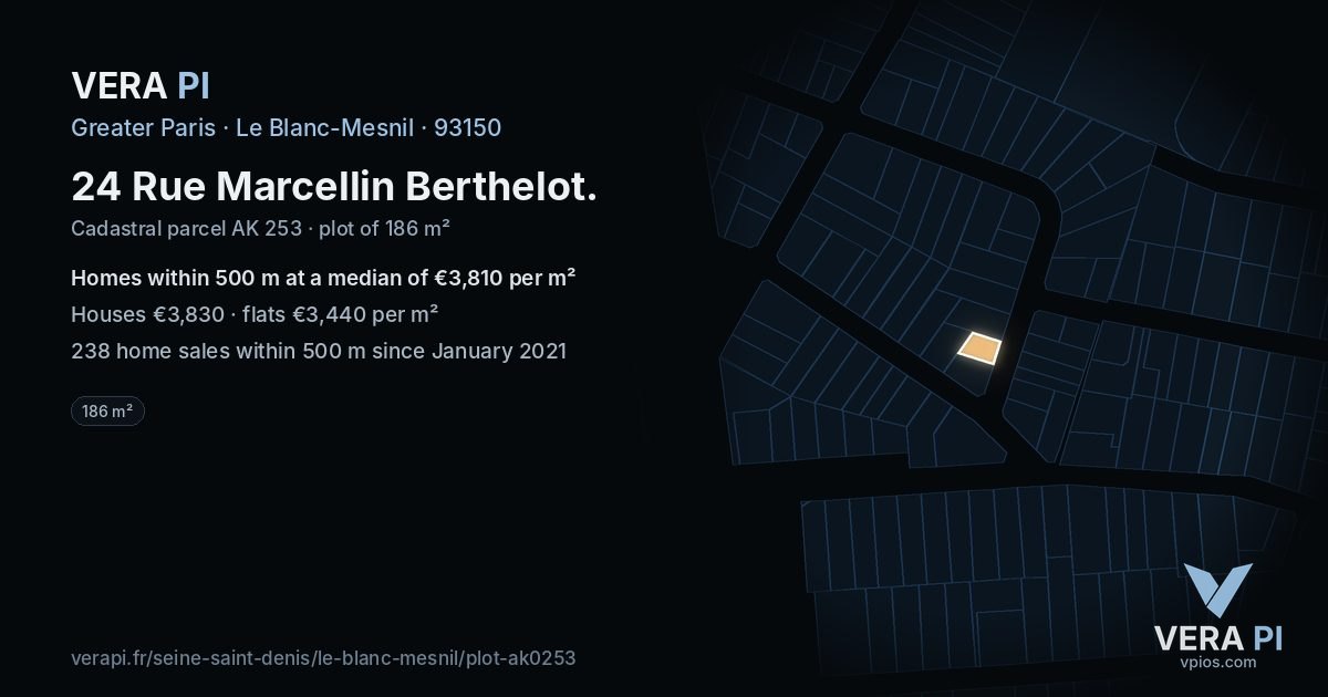 24 Rue Marcellin Berthelot, Le Blanc-Mesnil at night – the plot lit, the parcels around coloured by the prices near them