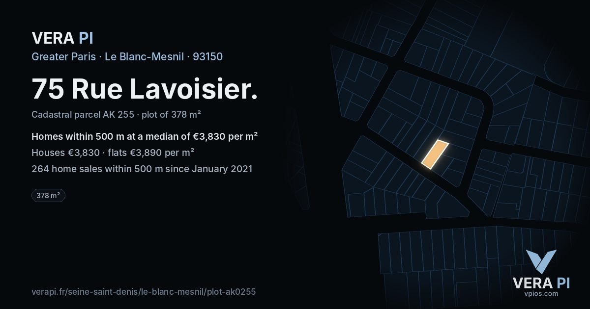 75 Rue Lavoisier, Le Blanc-Mesnil at night – the plot lit, the parcels around coloured by the prices near them