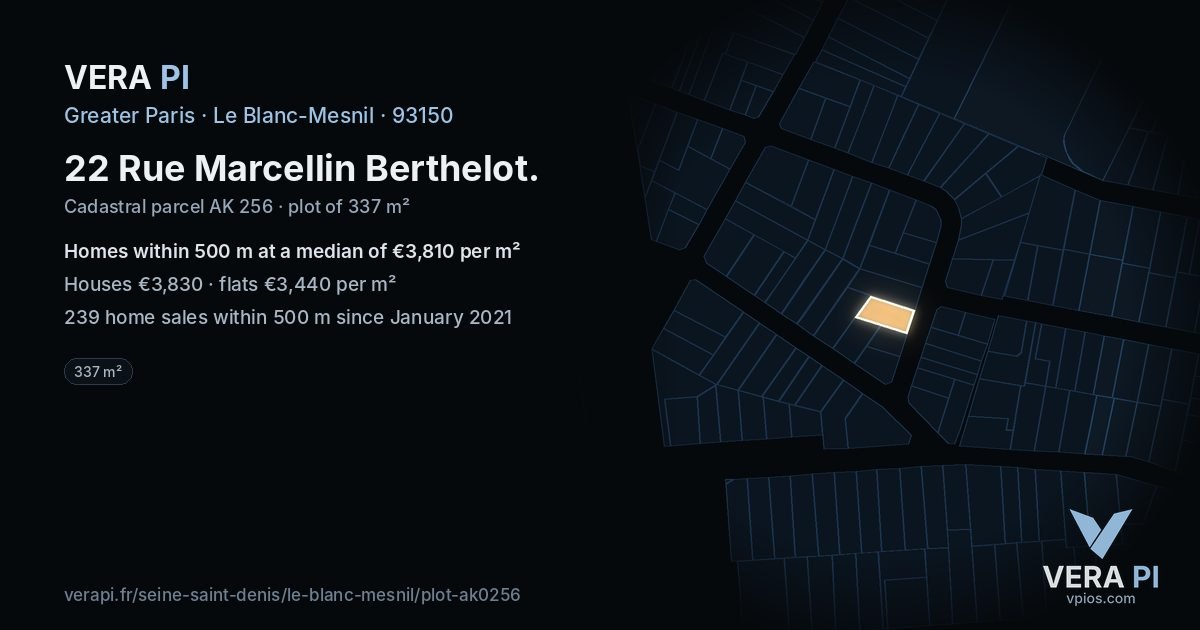 22 Rue Marcellin Berthelot, Le Blanc-Mesnil at night – the plot lit, the parcels around coloured by the prices near them
