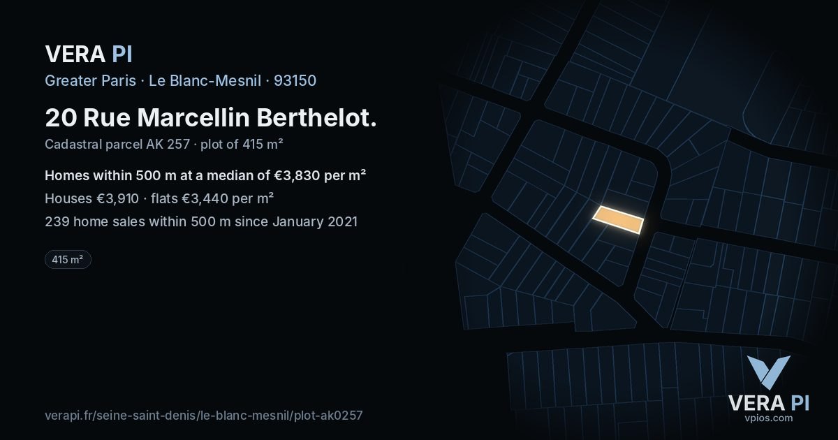 20 Rue Marcellin Berthelot, Le Blanc-Mesnil at night – the plot lit, the parcels around coloured by the prices near them